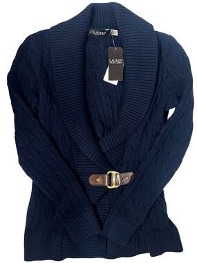 Ralph Lauren Navy Cable Stitch Cotton Wrap Cardigan